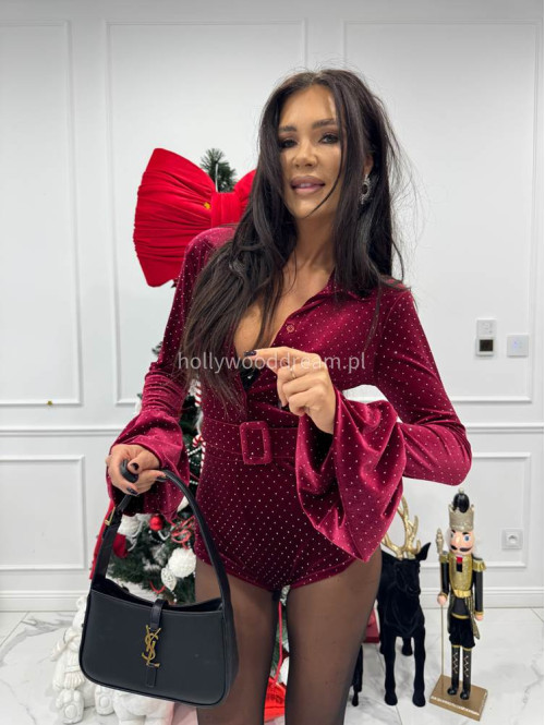 Bordowy kombinezon welurowy z cekinami z paskiem i poszerzanymi rękawami OFELIA 17 - photo #7