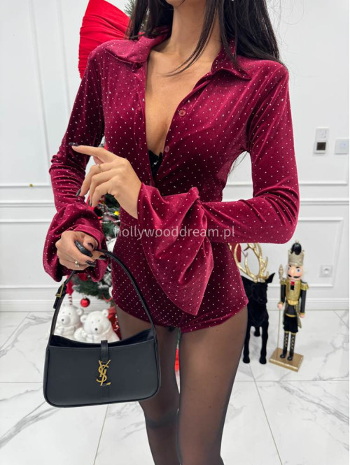 Bordowy kombinezon welurowy z cekinami z paskiem i poszerzanymi rękawami OFELIA 17 - photo #8