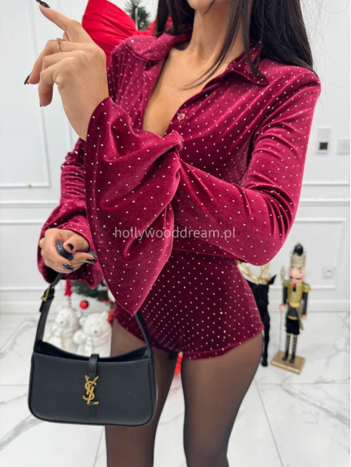 Bordowy kombinezon welurowy z cekinami z paskiem i poszerzanymi rękawami OFELIA 17 - photo #9
