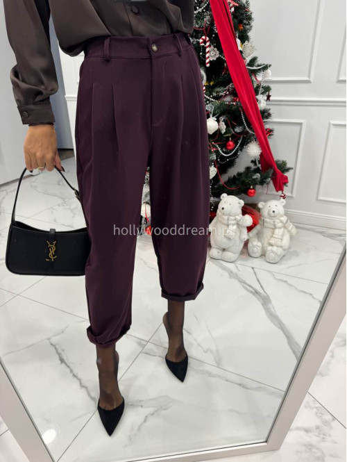 Śliwkowe spodnie eleganckie szerokie na gumce DANNY 02