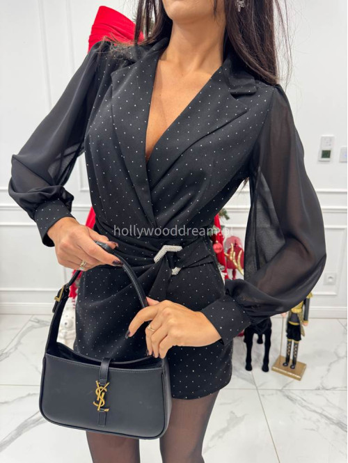 Czarny kombinezon z drobnymi zdobieniami i szyfonowymi rękawami AUGUST 17 - photo #9