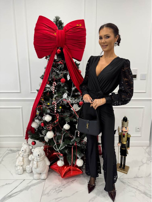 Czarny kombinezon z koronkowym rękawem i koronkową nogawką  Noe 17 - photo #4