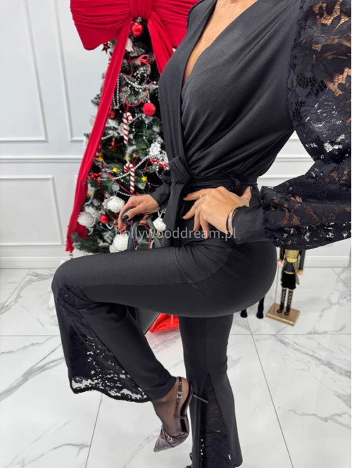 Czarny kombinezon z koronkowym rękawem i koronkową nogawką  Noe 17 - photo #9