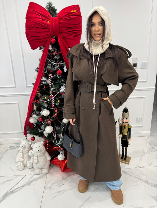 Czekoladowy płaszcz długi wełniany z paskiem LUCIEN 25