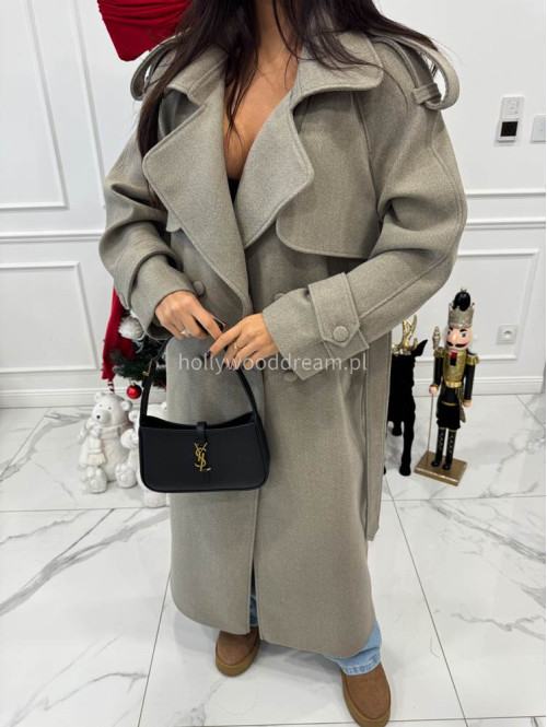 Szary płaszcz długi wełniany z paskiem LUCIEN 25 - photo #1