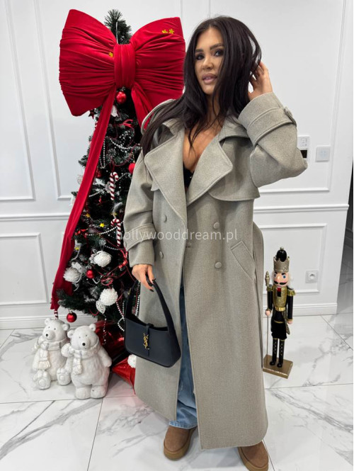 Szary płaszcz długi wełniany z paskiem LUCIEN 25 - photo #3