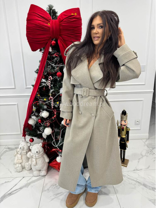 Szary płaszcz długi wełniany z paskiem LUCIEN 25 - photo #5