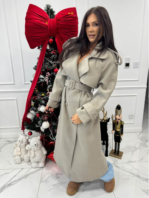 Szary płaszcz długi wełniany z paskiem LUCIEN 25 - photo #6