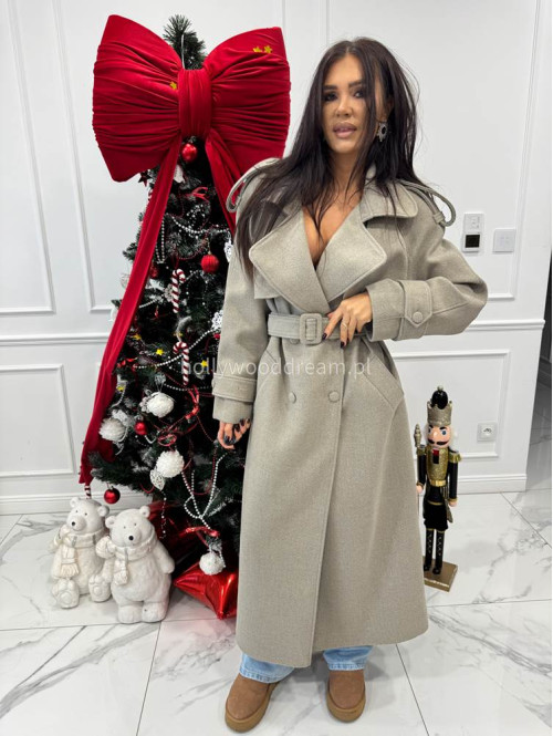 Szary płaszcz długi wełniany z paskiem LUCIEN 25 - photo #7