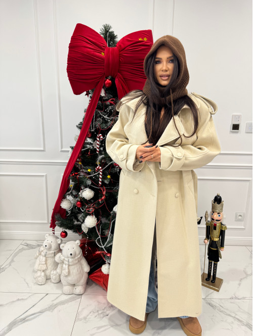 Kremowy płaszcz długi wełniany z paskiem LUCIEN 25