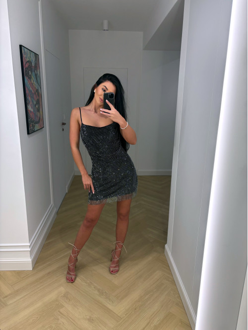 Czarna sukienka mini w srebrne cekiny na siatce Sabrina 19 - photo #9