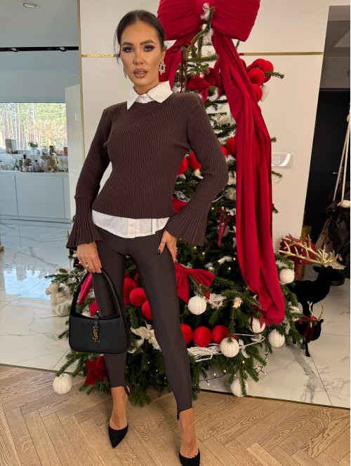 Bluzka prążkowana z poszerzanymi rękawami brązowa FLAVIA 09 - photo #18