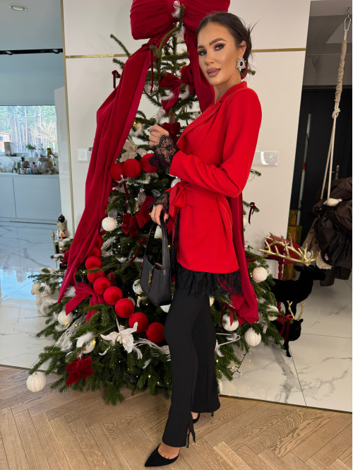 Czerwona marynarka z koronkowymi wstawkami i paskiem CELESTIA 17 - photo #13