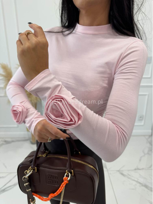 Jasno różowa bluzka bawełniana z różami na rękawie Róża 52 - photo #6
