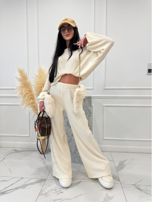 Kremowy komplet bluzka+ spodnie o warkoczowym splocie Sindi 183 - photo #0