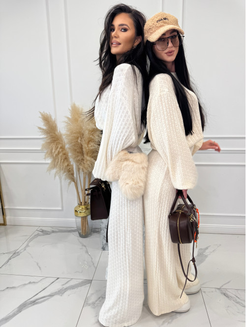 Kremowy komplet bluzka+ spodnie o warkoczowym splocie Sindi 183 - photo #3