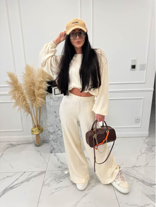 Kremowy komplet bluzka+ spodnie o warkoczowym splocie Sindi 183 - photo #5