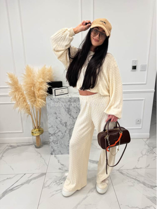 Kremowy komplet bluzka+ spodnie o warkoczowym splocie Sindi 183 - photo #6