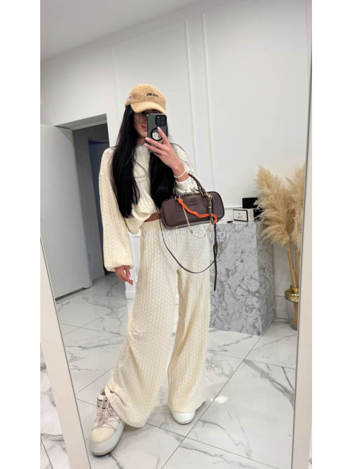 Kremowy komplet bluzka+ spodnie o warkoczowym splocie Sindi 183 - photo #7