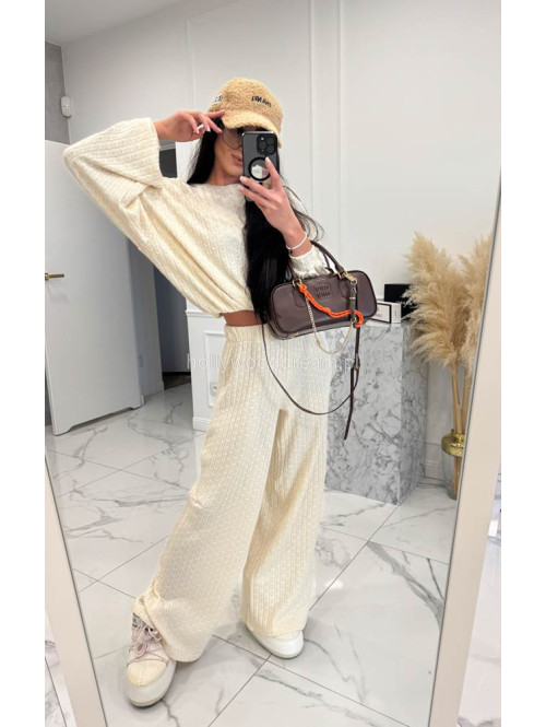 Kremowy komplet bluzka+ spodnie o warkoczowym splocie Sindi 183 - photo #8