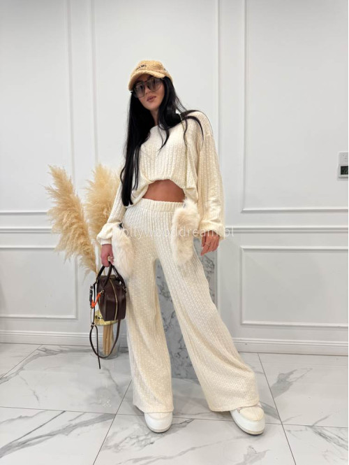 Kremowy komplet bluzka+ spodnie o warkoczowym splocie Sindi 183 - photo #9