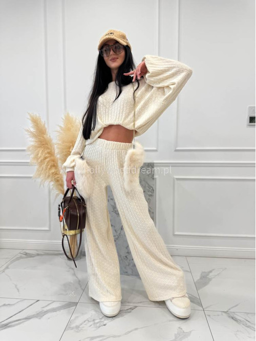 Kremowy komplet bluzka+ spodnie o warkoczowym splocie Sindi 183 - photo #10