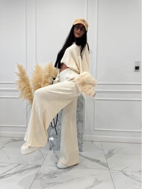 Kremowy komplet bluzka+ spodnie o warkoczowym splocie Sindi 183 - photo #11