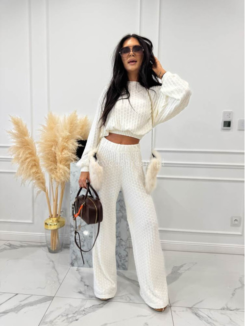 Biały komplet bluzka + spodnie o warkoczowym splocie Sindi 183 - photo #21
