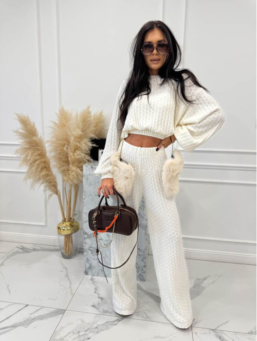 Biały komplet bluzka + spodnie o warkoczowym splocie Sindi 183 - photo #22