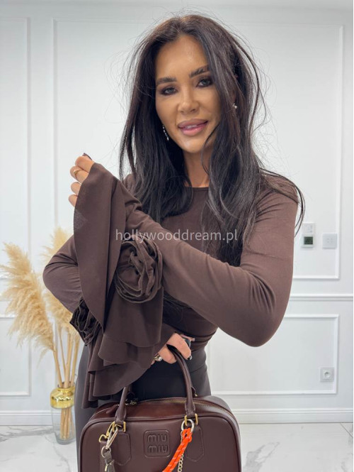 Brązowa bluzka z rękawem dzwonek oraz ozdobnymi różami Candi 19 - photo #1