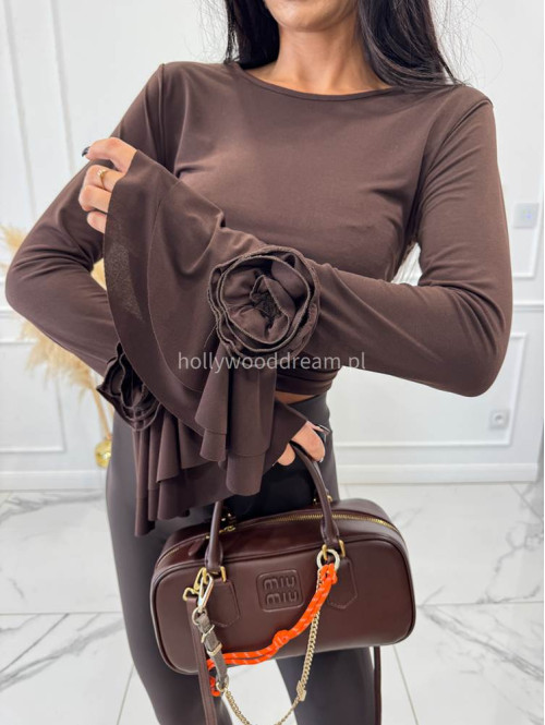 Brązowa bluzka z rękawem dzwonek oraz ozdobnymi różami Candi 19 - photo #2