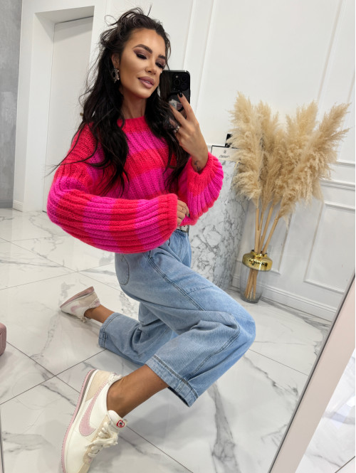 Neonowo różowy sweter w paski z szerokim rękawem SOFT LINE 19