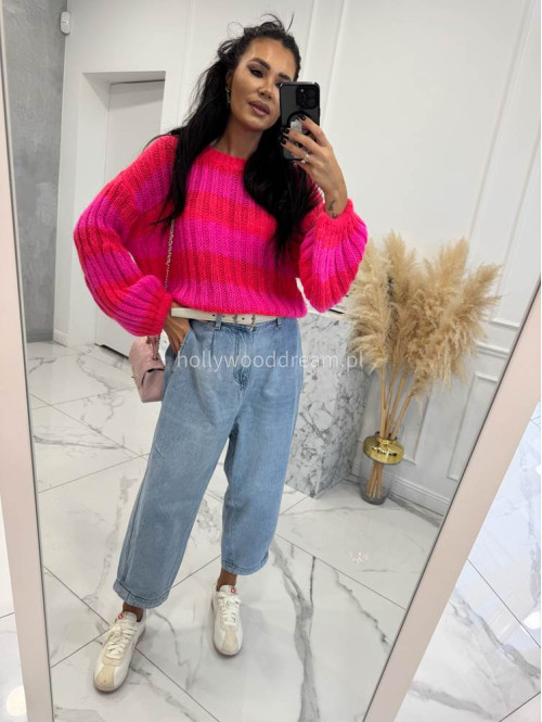 Neonowo różowy sweter w paski z szerokim rękawem SOFT LINE 19 - photo #2