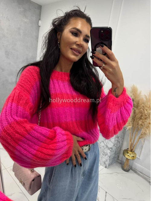 Neonowo różowy sweter w paski z szerokim rękawem SOFT LINE 19 - photo #3
