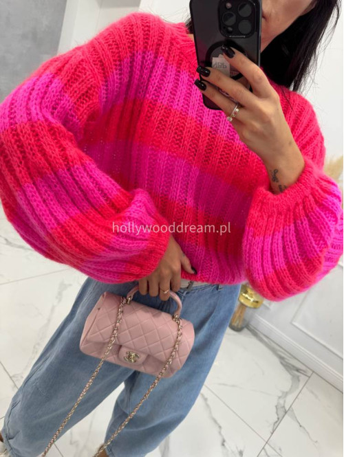 Neonowo różowy sweter w paski z szerokim rękawem SOFT LINE 19 - photo #4
