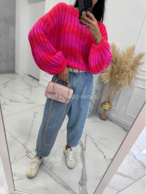 Neonowo różowy sweter w paski z szerokim rękawem SOFT LINE 19 - photo #6