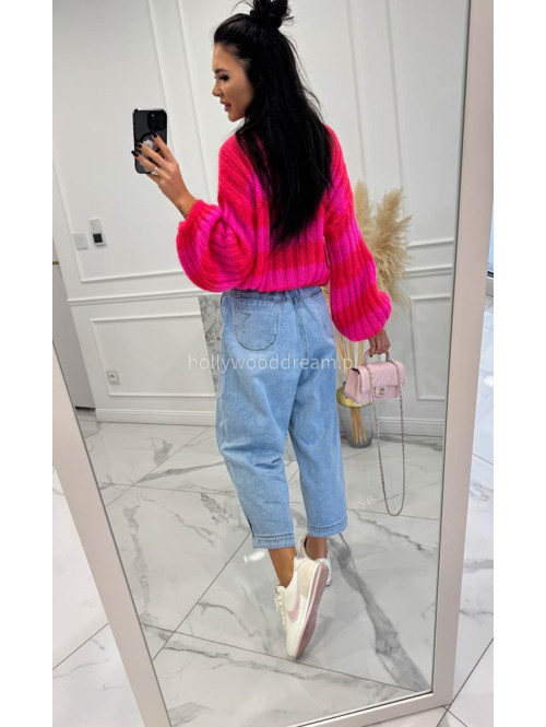 Neonowo różowy sweter w paski z szerokim rękawem SOFT LINE 19 - photo #7