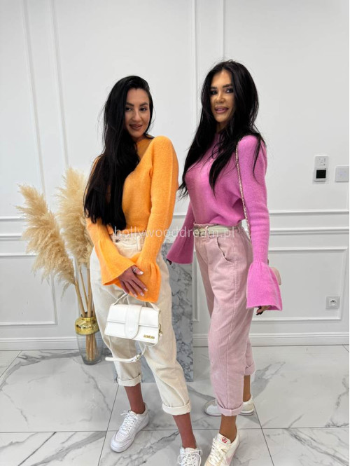 Różowy sweter z baby alpaką i falbanką na rękawkach Lola 02 - photo #11