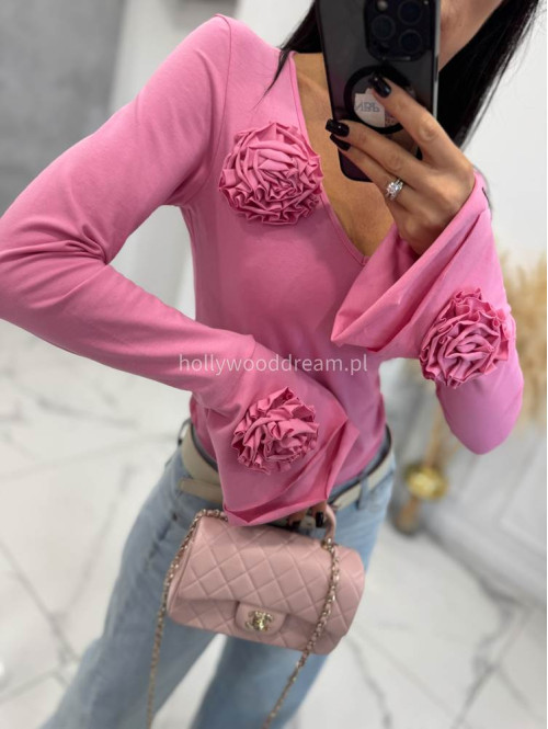 Barbie róż bawełniana bluzka z rękawem dzwonek i 3-różami Maja 24