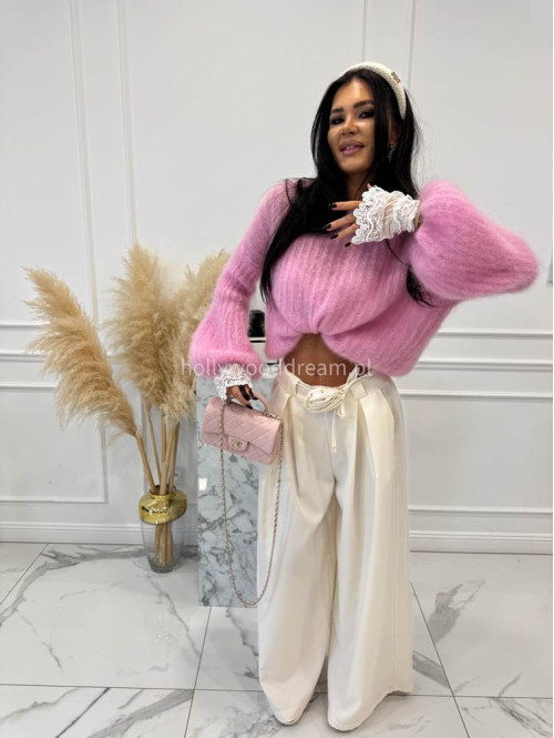 Ecru spodnie z szeroką nogawką i paskiem z różą Berenis 24 - photo #3