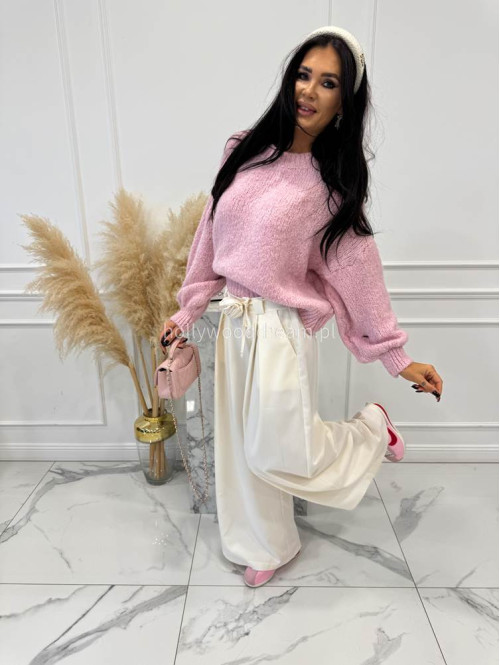 Ecru spodnie z szeroką nogawką i paskiem z różą Berenis 24 - photo #16