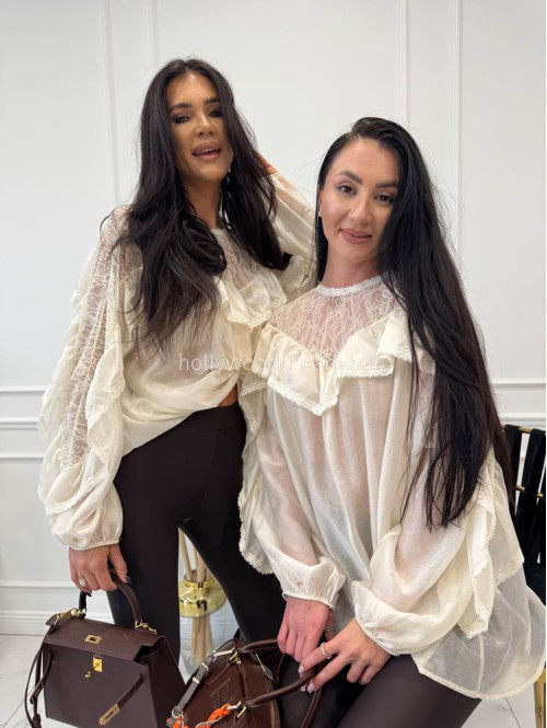 Ecru koszula z koronkową górą i falbaną Lejdi 24 - photo #6