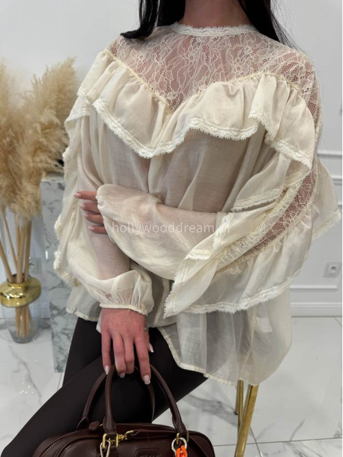 Ecru koszula z koronkową górą i falbaną Lejdi 24 - photo #7