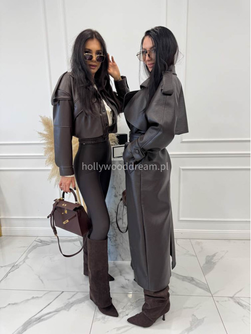 Czekoladowy płaszcz długi skórzany z paskiem OLEK 25 - photo #36