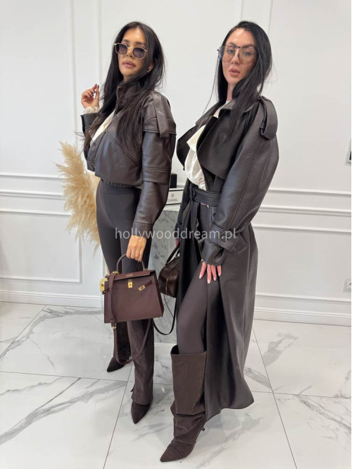 Czekoladowy płaszcz długi skórzany z paskiem OLEK 25 - photo #37