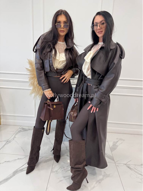 Czekoladowy płaszcz długi skórzany z paskiem OLEK 25 - photo #38