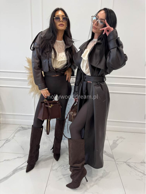 Czekoladowy płaszcz długi skórzany z paskiem OLEK 25 - photo #39