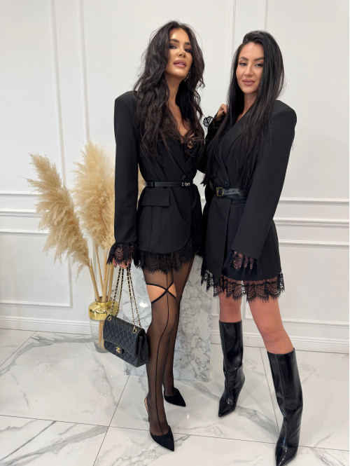 Czarna sukienka marynarka z koronkowymi wstawkami NINA 17 - photo #44