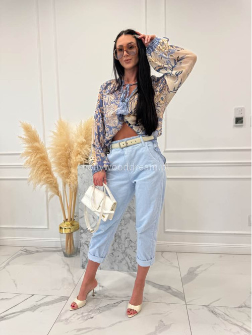 Błękitno-beżowa bluzka oversize z wiązaniem w print liści i kwiatów BLUMEN 52 - photo #1