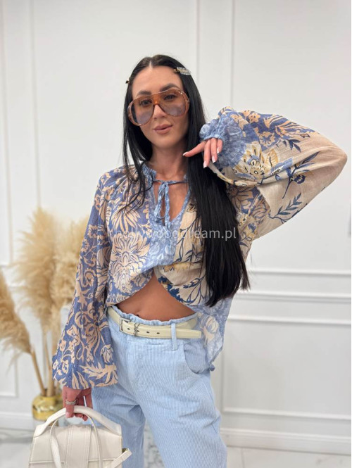 Błękitno-beżowa bluzka oversize z wiązaniem w print liści i kwiatów BLUMEN 52 - photo #2